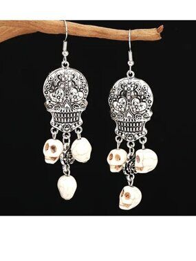 Skull Earrings Dangle Stone Pierced Silver Punk Ornate Biker Festive Calaveras